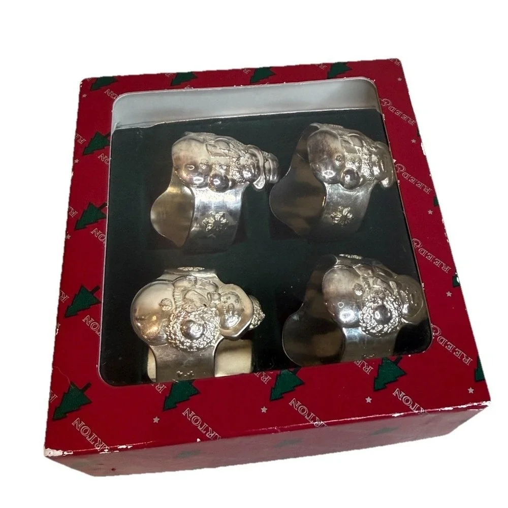 Reed Barton Vintage Italian Silver R925 Santa Snowman Napkin Ring Set 4 1428/4